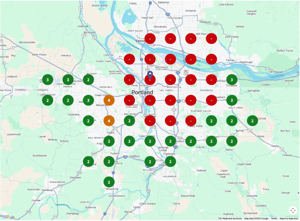 Before: Client not found in Portland (bleeding red visibility map)